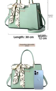Spécifications de taille du sac à main vert clair en cuir litchi avec foulard fleuri