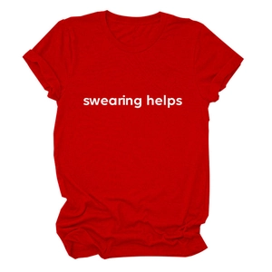 Close-up of breathable red cotton fabric with white swearing helps letter printing