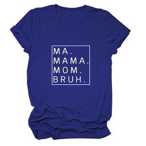 Detail view of royal blue T-shirt featuring white MA MAMA MOM BRUH typographic print