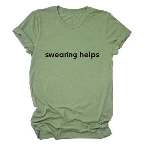 Detail of swearing helps text print on casual green cotton t-shirt for women