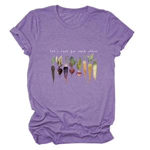 Detail of purple cotton T-shirt featuring hand-drawn vegetable print and inspiring slogan