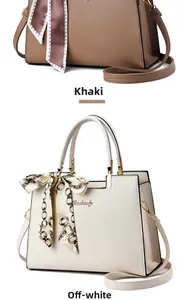 Détails des sacs à main kaki et blanc cassé avec foulards en soie décoratifs