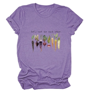 Purple heather t-shirt with Let's Root For Each Other vegetable watercolor graphic