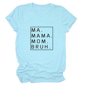 Close-up of black block letter print on a light blue soft cotton short sleeve T-shirt