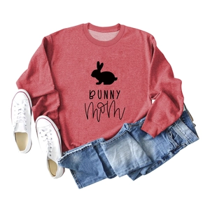 Detail of red Bunny Mom sweatshirt fabric and high-quality printed graphic on chest