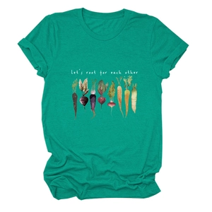 Detailed close-up of the Let's Root For Each Other vegetable illustration on green cotton tee