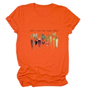 Detail of orange cotton T-shirt with Let's Root For Each Other vegetable graphic print