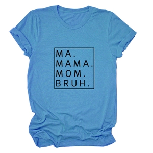Detail of rolled cuffs and black text print on a bright blue short-sleeved cotton T-shirt
