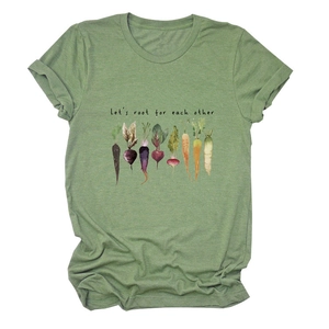 Close-up of Let's root for each other slogan and vegetable watercolor print on T-shirt