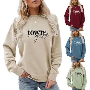 Women Sweatshirt Cotton Blend Long Sleeve Crewneck Just A Small Town Girl Letter Print Casual Loose Pullover Top