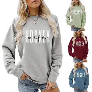 Women Crew Neck Sweatshirt Long Sleeve Loose Cotton Blend Hockey Wife Letter Print Casual Sporty Pullover Top