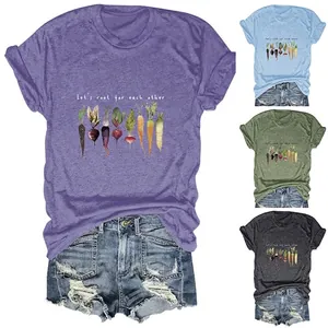 Women T-Shirt Cotton Blend Let's Root For Each Other Vegetable Watercolor Print Round Neck Short Sleeve Casual Novelty