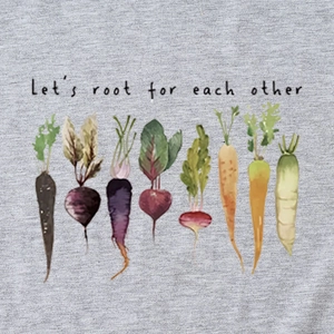 Grey cotton T-shirt featuring Let's Root For Each Other vegetable watercolor print