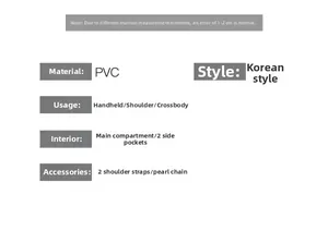 Detailed chart showing PVC material, internal pockets, and pearl chain strap features