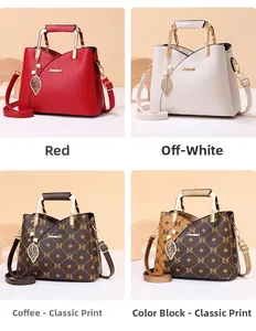 Collage of leather handbags in red, beige, and monogram patterns with leaf pearl charms