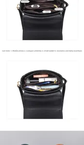 Vue détaillée de l'intérieur du sac bandoulière en cuir avec quatre couches de rangement