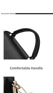 Détail du sac à main noir texture cuir litchi avec ferrures dorées et poignées