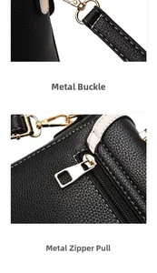 Détails du crochet métallique doré et de la fermeture éclair sur sac en cuir noir