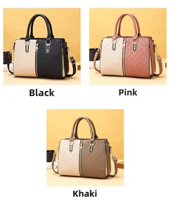Confronto dettagliato di borse colorblock in nero, rosa e kaki con texture a scacchi