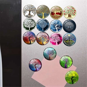 Set of 16 tree of life glass magnets with colorful artistic patterns for refrigerators