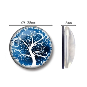Detailed 25mm Tree of Life glass magnet showing 8mm thickness and side profile view