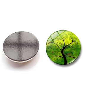 Detailed front and back view of 25mm glass Tree of Life magnet with strong magnetic backing