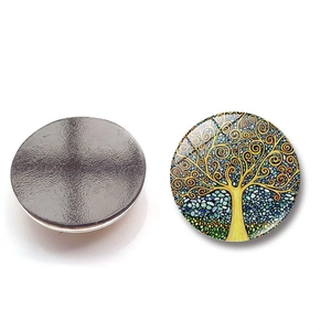 Round Tree of Life glass fridge magnets with colorful artistic designs and magnetic back