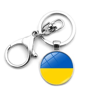 Ukraine Flag Metal Keychain Zinc Alloy Glass Cabochon National Emblem Trident Round Pendant Bag Charm Keyring For Unisex