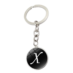 Porte-clés lettre argenté avec pendentif en verre noir et motif de la lettre X italique