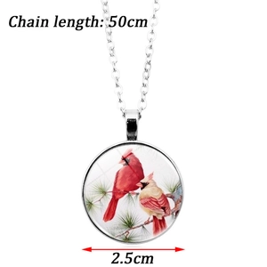 Silver necklace with red cardinal birds glass gem pendant, 50cm chain and 2.5cm charm