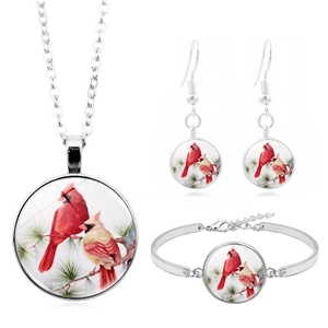 Vintage Alloy Glass Cardinal Bird Necklace Bracelet Earrings Set Silver Plated Animal Time Gem Cabochon Jewelry For Women