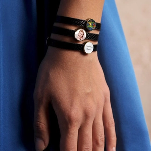 Customized multi-layer black leather bracelet with photo pendant for men and women
