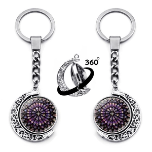Vintage Metal Moon Rotating Keychain Notre Dame Stained Glass Mandala Art Double Sided Time Gem Key Ring Souvenir Gift
