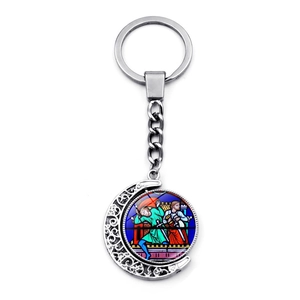 Notre Dame silver moon keychain with double-sided rotating glass gemstone pendant