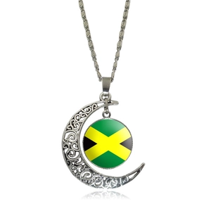 Detailed silver hollow moon necklace pendant featuring Jamaica flag glass cabochon