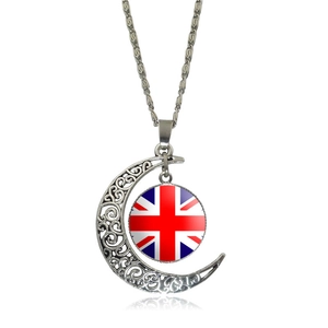 Silver hollow moon pendant necklace featuring British flag glass gemstone charm