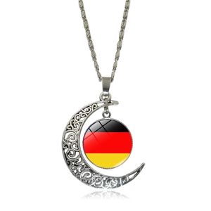 Elegant silver hollow crescent moon necklace featuring German flag glass gem pendant