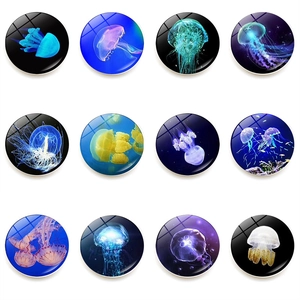 Set of 12 colorful jellyfish glass magnets with 3D effect for fridges and whiteboards