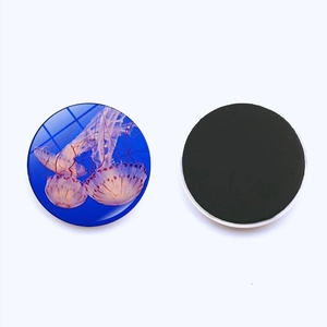 Detail view of colorful jellyfish fridge magnet with glass crystal and magnetic backing
