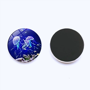 Detail of 25mm round glass jellyfish fridge magnet showing front and magnetic back