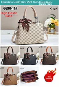 Detailed size view of quilted tote bag in khaki and black with silk scarf accessory