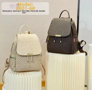 Detailed view of monogram backpack with dimensions 26x18x32cm and striped webbing straps