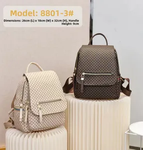 Two stylish travel backpacks in beige and coffee brown showing size details and patterns