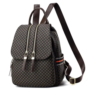 Retro brown grid patterned large capacity backpack with side tricolor stripe details