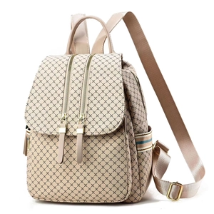 Beige plaid pattern large capacity backpack with golden zippers and leather texture