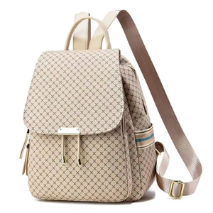 Fashionable beige backpack with cross pattern print and striped webbing for women
