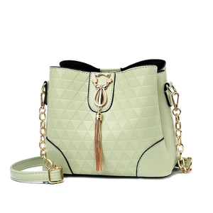 Chic light green bucket bag with golden cat-shaped clasp and triangle texture