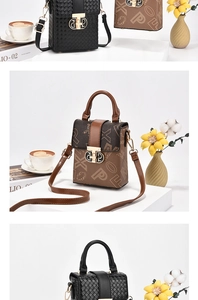 Detail of vertical crossbody phone bag with woven texture and letter print patterns