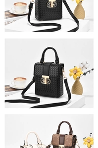 Detail of woven texture cell phone bag with gold metal buckle and leather shoulder strap
