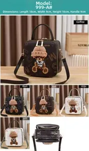 Detail showing dimension 18x9x18cm of crossbody bag with bear patch and top zipper